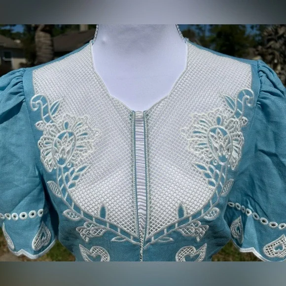 NWT🌷Farm Rio Floral Embroidery Linen Short Sleeve Open Back Midi Dress - Picture 5 of 12